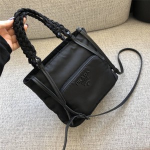 PRADA普拉达官方网站代购正品黑色LOGO尼龙编织手提包购物袋