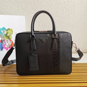 PRADA官网普拉达男包专柜价格鳄鱼皮拼接Saffiano 皮革公文包2VE011