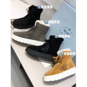 Prada普拉达中国官网正品系带高帮加绒运动鞋羊毛短靴雪地靴